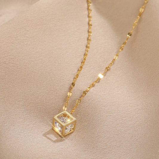 Classic Zircon Crystal Inside Hollow Square Stainless Steel Necklace For Women
