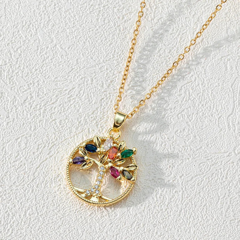Life Tree Necklace Stainless Steel Multi-color Crystal Tree Of Life Pendant For Women