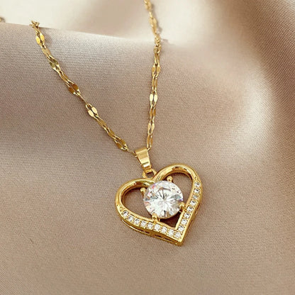 Heart Pendant Necklace for women Golden Colored Stainless Steel Chain Artificial Gems