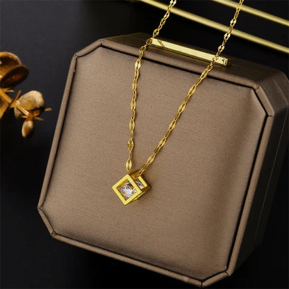 Classic Zircon Crystal Inside Hollow Square Stainless Steel Necklace For Women