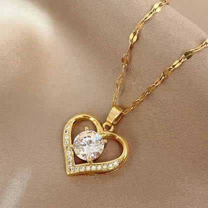Heart Pendant Necklace for women Golden Colored Stainless Steel Chain Artificial Gems