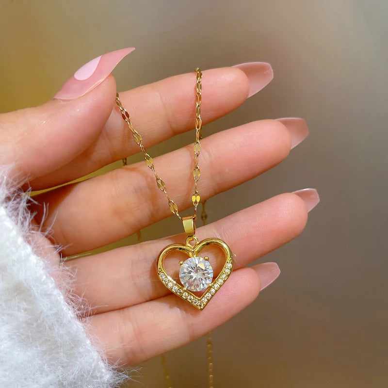 Heart Pendant Necklace for women Golden Colored Stainless Steel Chain Artificial Gems