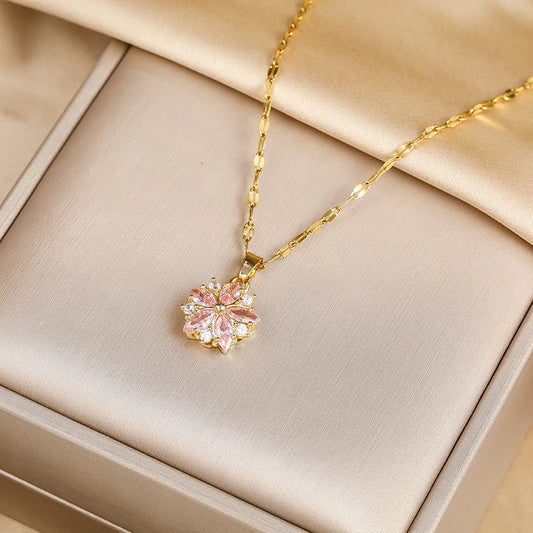 Pink Sakura Pendant Stainless Steel Necklace