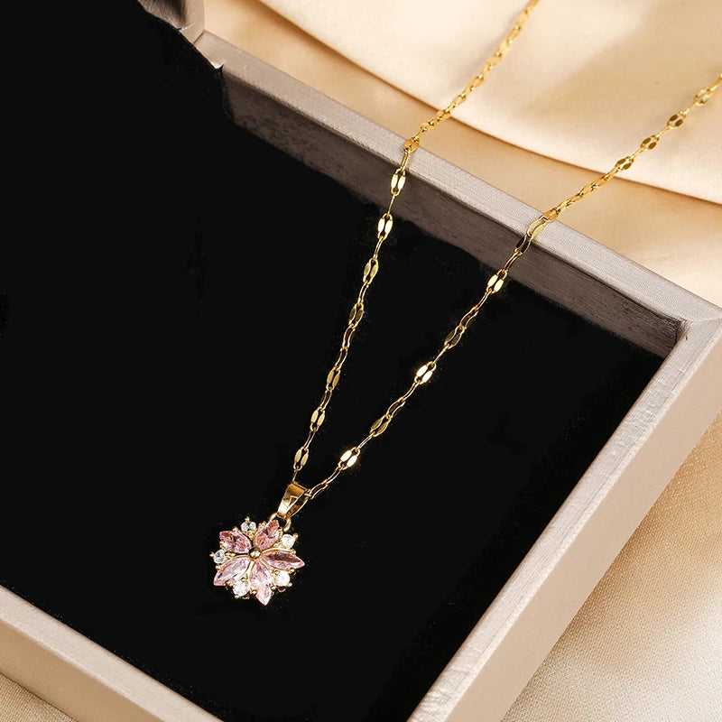 Pink Sakura Pendant Stainless Steel Necklace