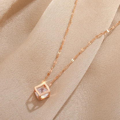 Classic Zircon Crystal Inside Hollow Square Stainless Steel Necklace For Women
