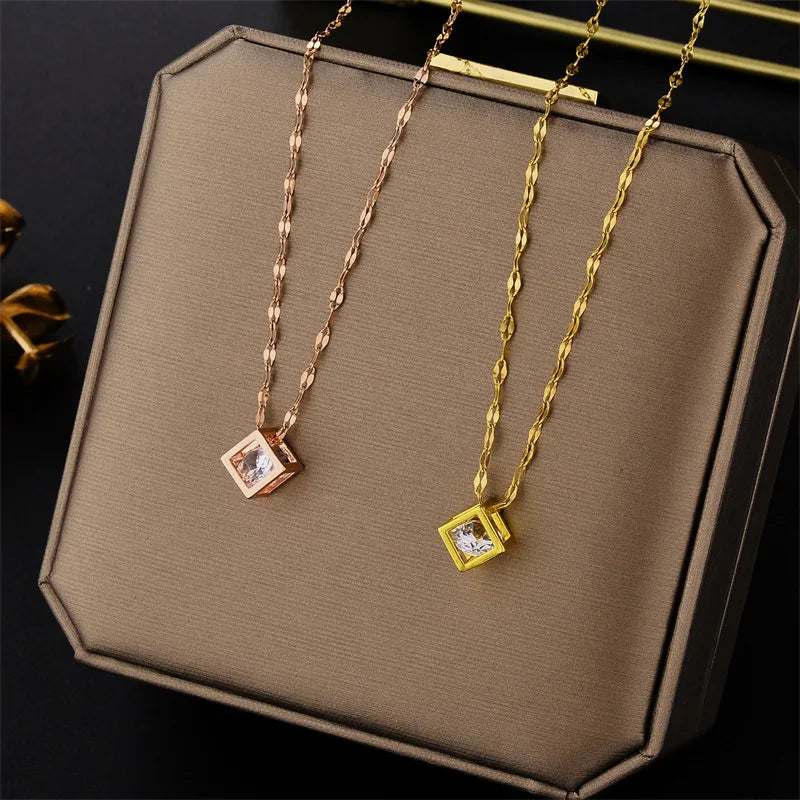 Classic Zircon Crystal Inside Hollow Square Stainless Steel Necklace For Women