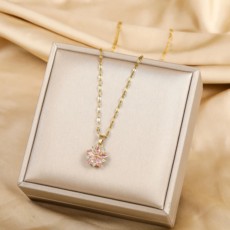 Pink Sakura Pendant Stainless Steel Necklace