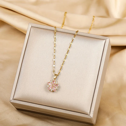 Pink Sakura Pendant Stainless Steel Necklace