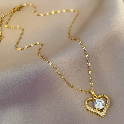 Heart Pendant Necklace for women Golden Colored Stainless Steel Chain Artificial Gems