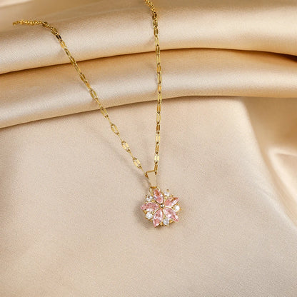 Pink Sakura Pendant Stainless Steel Necklace