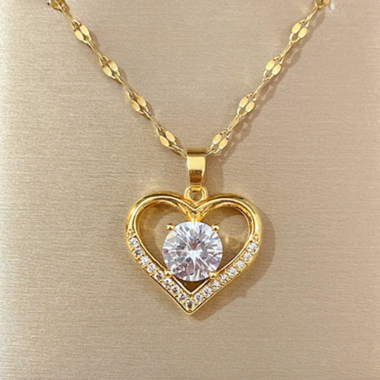 Heart Pendant Necklace for women Golden Colored Stainless Steel Chain Artificial Gems
