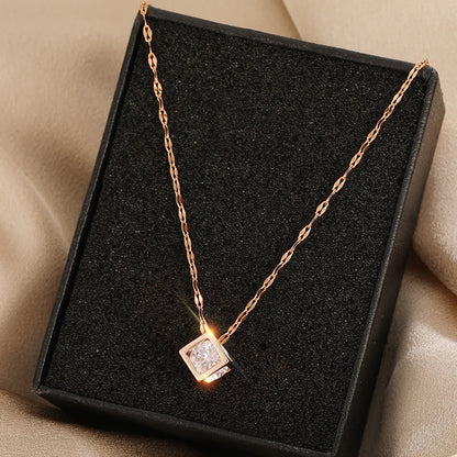 Classic Zircon Crystal Inside Hollow Square Stainless Steel Necklace For Women