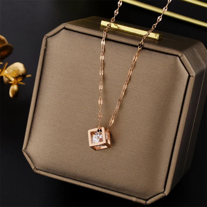 Classic Zircon Crystal Inside Hollow Square Stainless Steel Necklace For Women